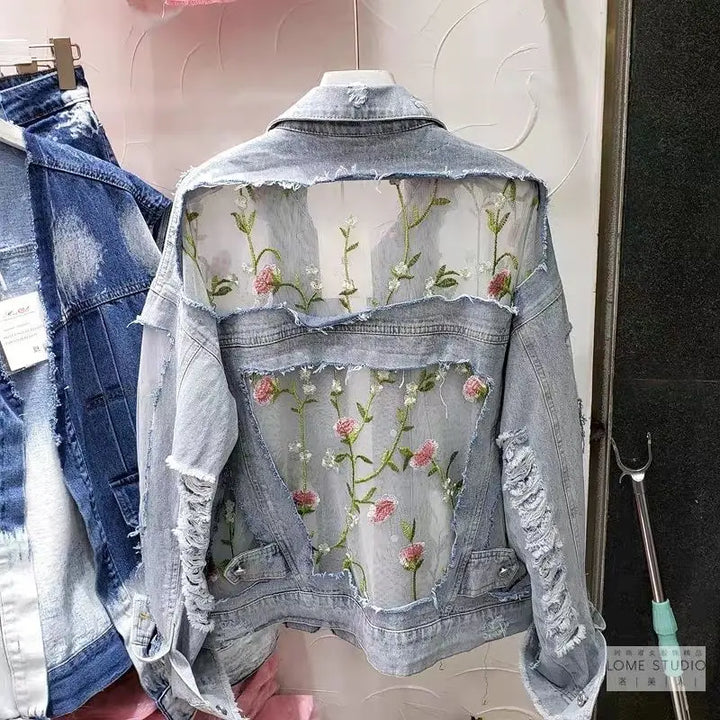 Summer Streetwear Embroidery Lace Patchwork Denim Jacket for Women with Frayed Tassels and Loose Fit (S - 3XL)