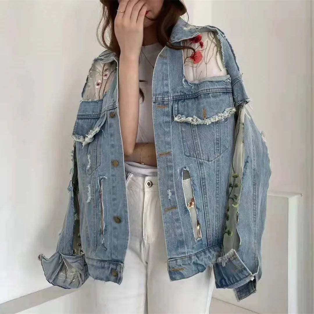 Summer Streetwear Embroidery Lace Patchwork Denim Jacket for Women with Frayed Tassels and Loose Fit (S - 3XL)