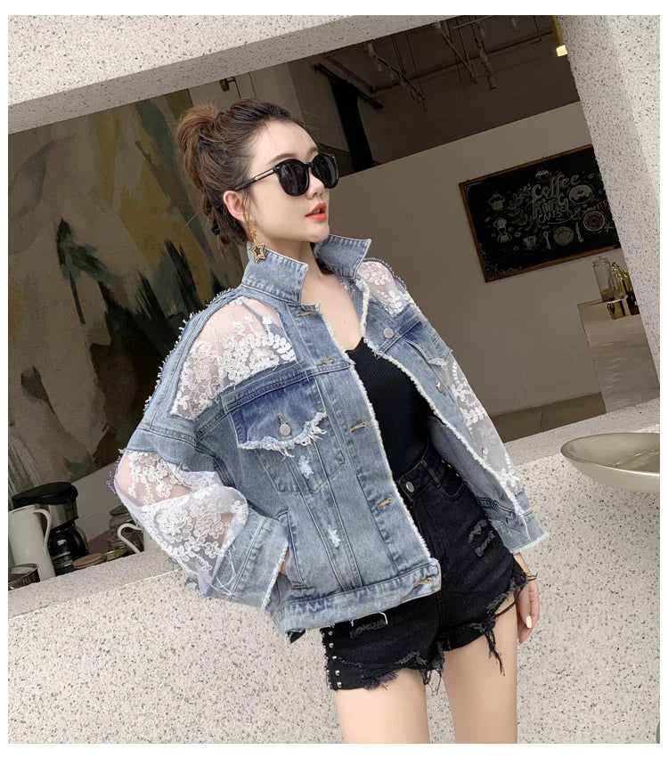 Summer Streetwear Embroidery Lace Patchwork Denim Jacket for Women with Frayed Tassels and Loose Fit (S - 3XL)