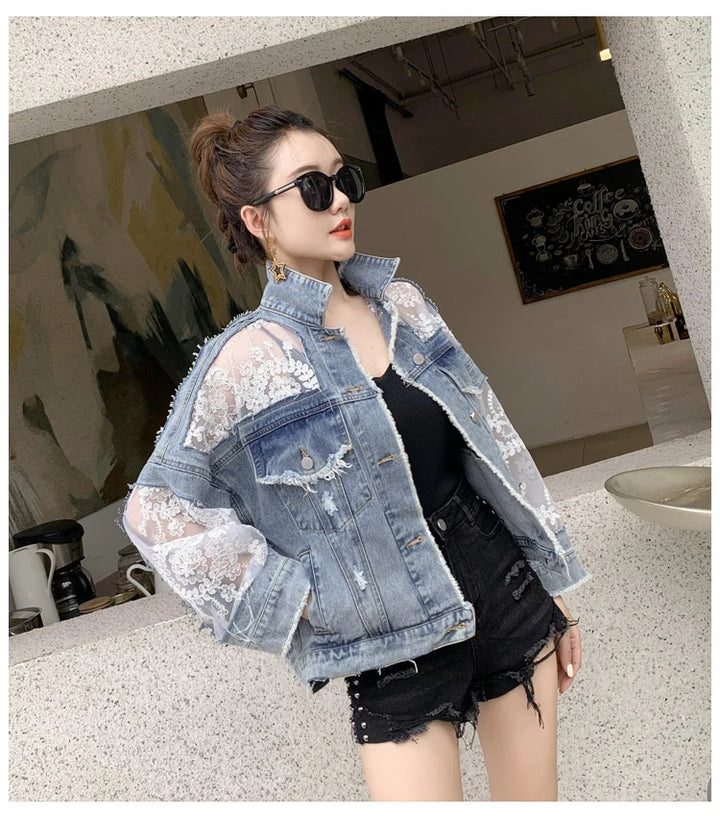 Summer Streetwear Embroidery Lace Patchwork Denim Jacket for Women with Frayed Tassels and Loose Fit (S - 3XL)