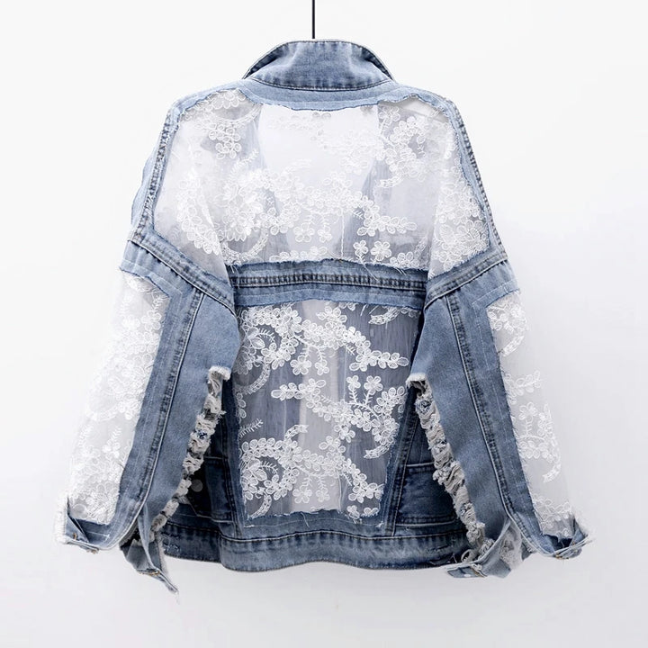 Women's Fashionable Embroidery Lace Denim Jacket