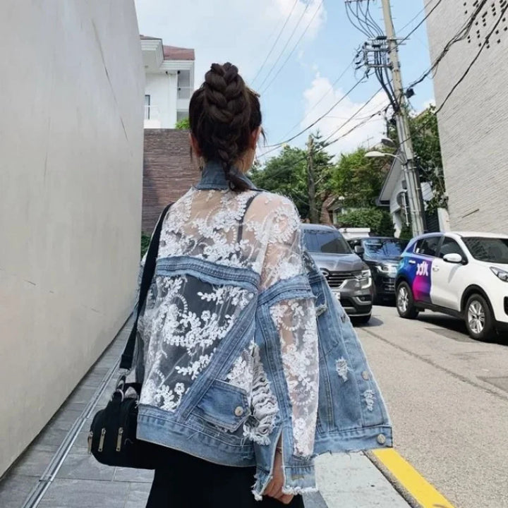 Summer Streetwear Embroidery Lace Patchwork Denim Jacket for Women with Frayed Tassels and Loose Fit (S - 3XL)