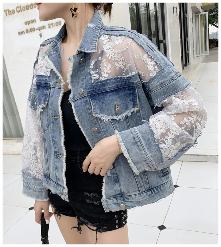 Summer Streetwear Embroidery Lace Patchwork Denim Jacket for Women with Frayed Tassels and Loose Fit (S - 3XL)