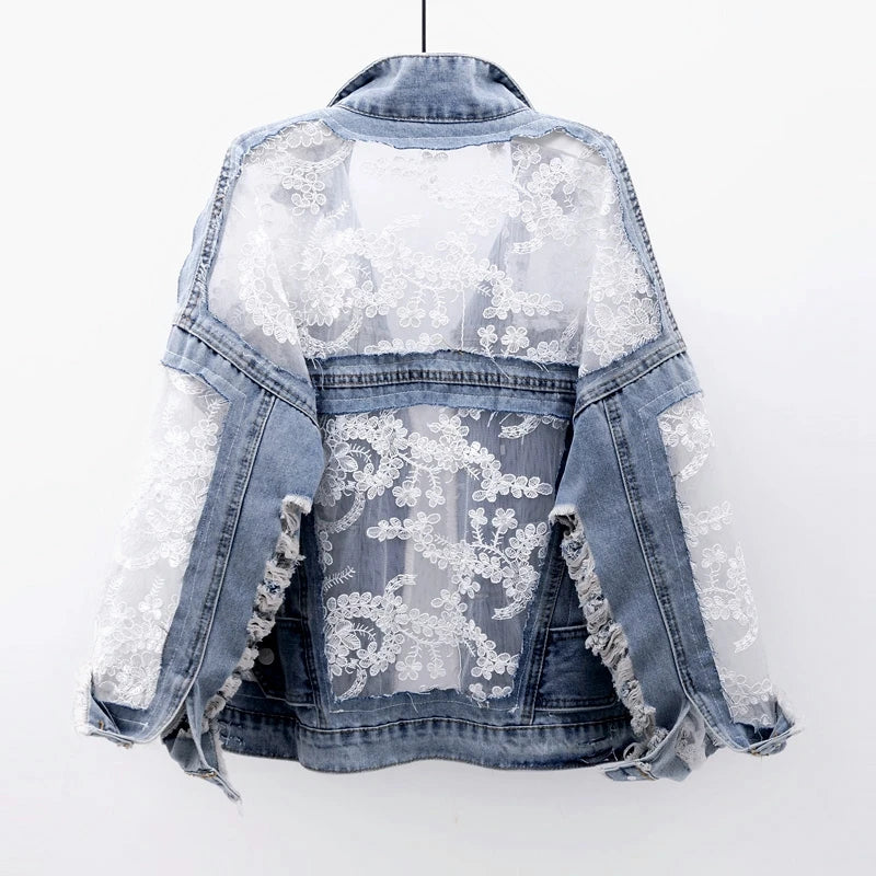 Summer Streetwear Embroidery Lace Patchwork Denim Jacket for Women with Frayed Tassels and Loose Fit (S - 3XL)