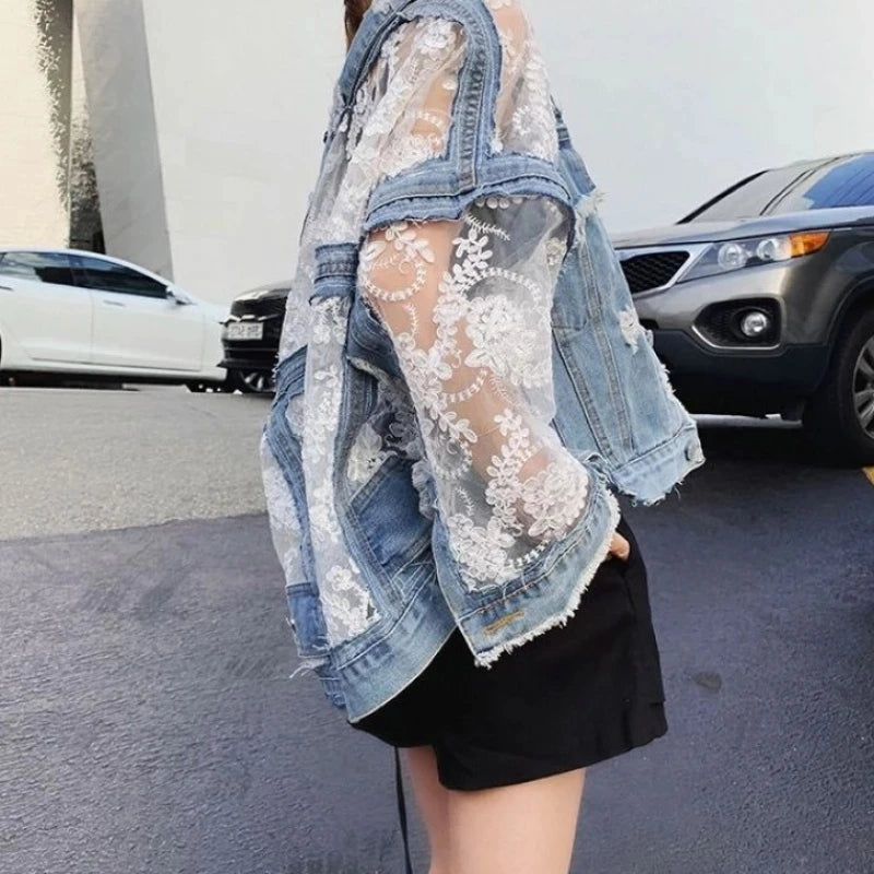 Women's Fashionable Embroidery Lace Denim Jacket