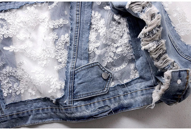 Summer Streetwear Embroidery Lace Patchwork Denim Jacket for Women with Frayed Tassels and Loose Fit (S - 3XL)