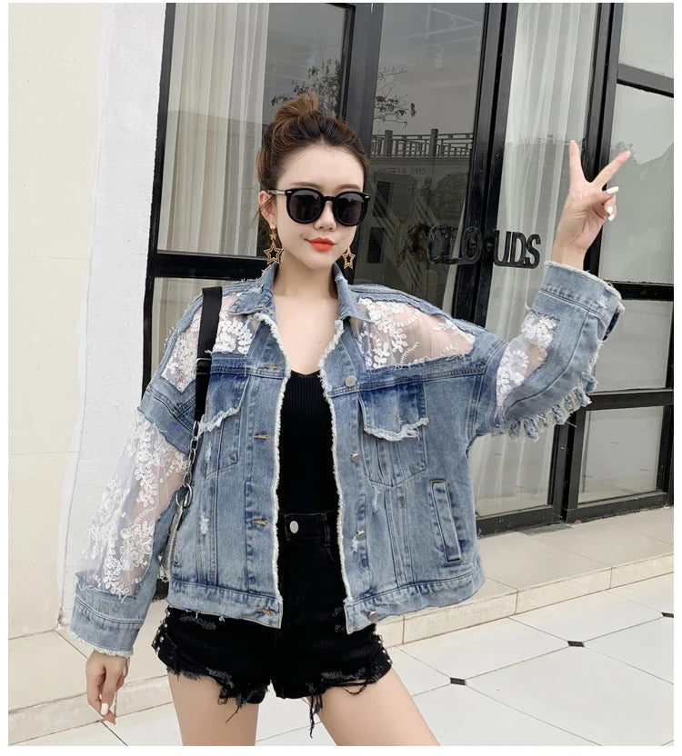 Summer Streetwear Embroidery Lace Patchwork Denim Jacket for Women with Frayed Tassels and Loose Fit (S - 3XL)