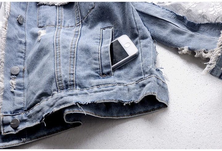 Women's Fashionable Embroidery Lace Denim Jacket