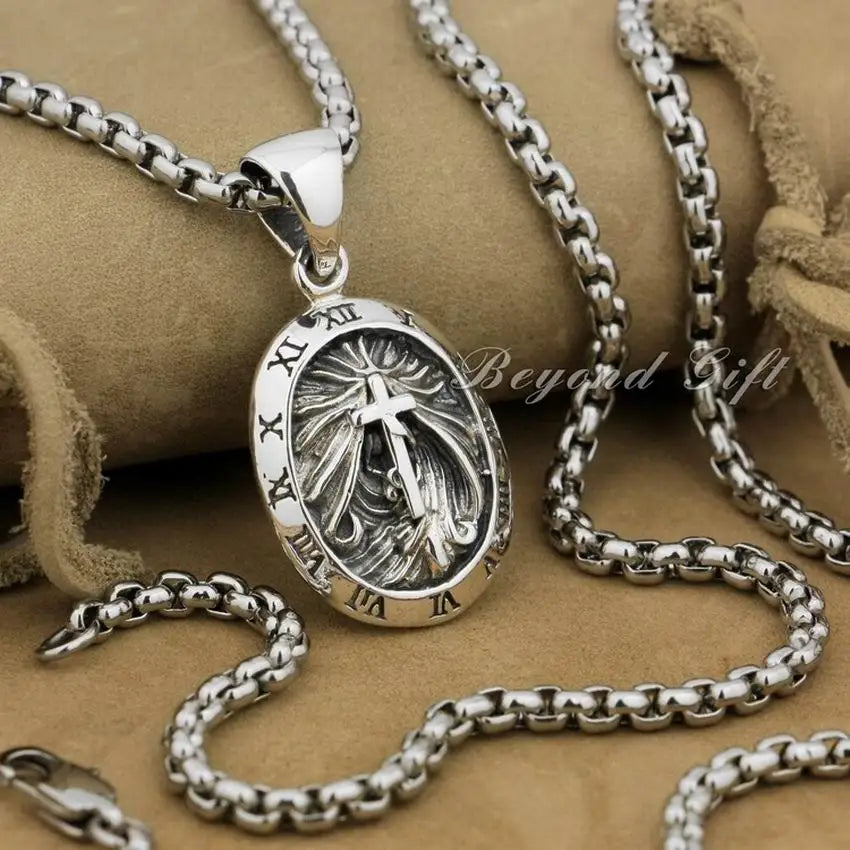 Beautiful 925 Silver Cross Pendant with Engraved Romen Numeral Clock - Sold with or without Stainless Steel Chain