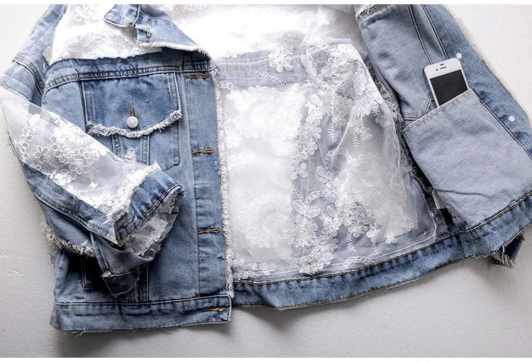 Women's Fashionable Embroidery Lace Denim Jacket