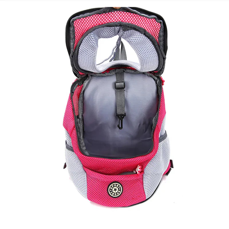 Comfortable Dog or Cat Travel Carrier Backpack Made of Breathable Mesh is Durable with Padded Shoulders. Wear on the Chest or Back.