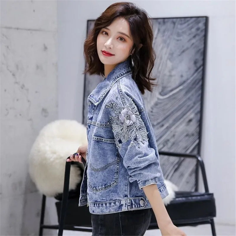 Stylish Loose Fit Embroidered Denim Jacket for Women, S-XL