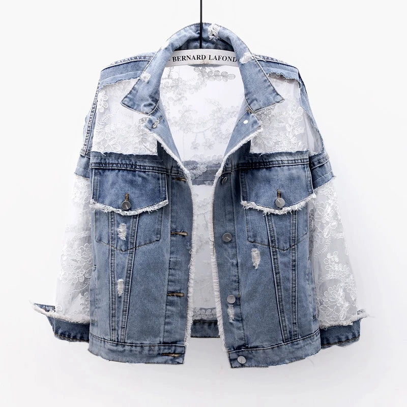 Summer Streetwear Embroidery Lace Patchwork Denim Jacket for Women with Frayed Tassels and Loose Fit (S - 3XL)