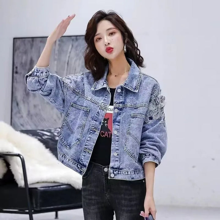 Stylish Loose Fit Embroidered Denim Jacket for Women, S-XL