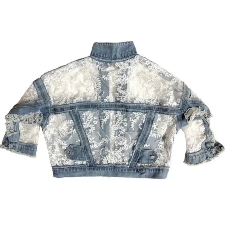 Women's Lace Patchwork Frayed Denim Jacket w/ Mid-length Sleeves