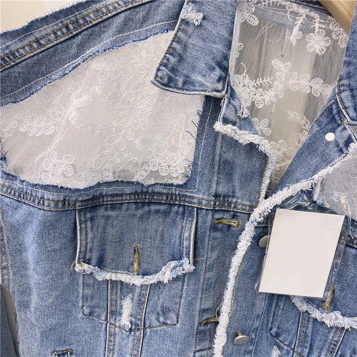 Summer Streetwear Embroidery Lace Patchwork Denim Jacket for Women with Frayed Tassels and Loose Fit (S - 3XL)