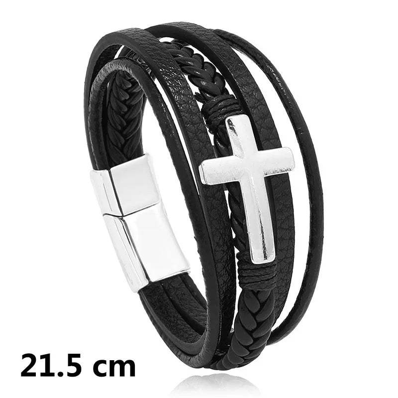 New Woven Leather Wrap Bracelet for Men with Jesus Cross Charm