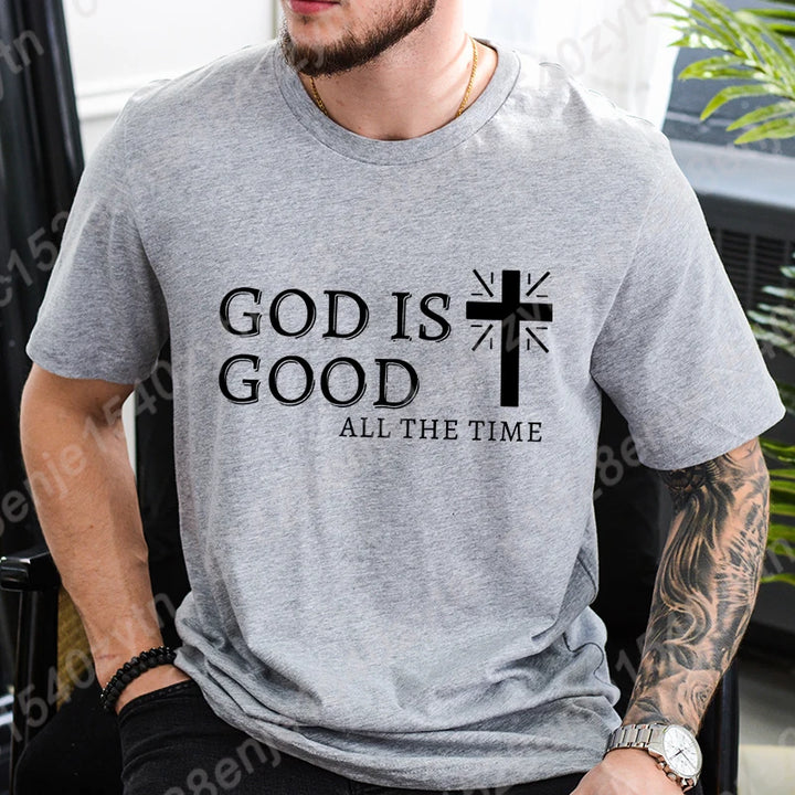Men Casual Summer Cross & God Is Good All The Time - Graphic Printed Short Sleeve T-Shirt, Christian Quote Tees Tops
