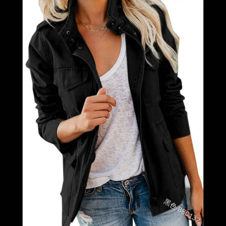 Women's Slim Fit Streetwear Jacket – Cotton Zip-Up with Spliced Snap Pockets, Turn-Down Collar