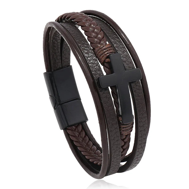 New Woven Leather Wrap Bracelet for Men with Jesus Cross Charm