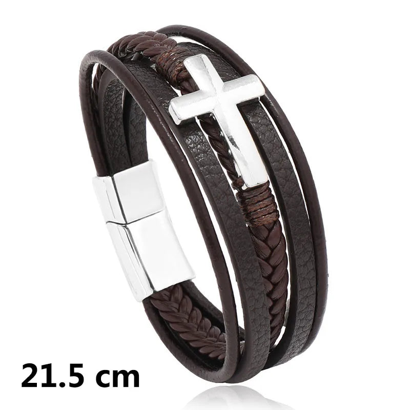 New Woven Leather Wrap Bracelet for Men with Jesus Cross Charm