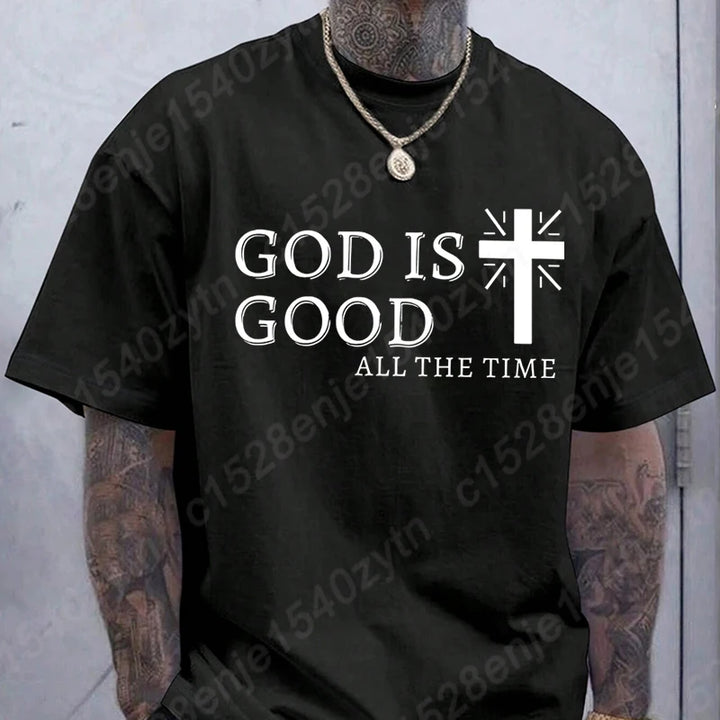 Men Casual Summer Cross & God Is Good All The Time - Graphic Printed Short Sleeve T-Shirt, Christian Quote Tees Tops