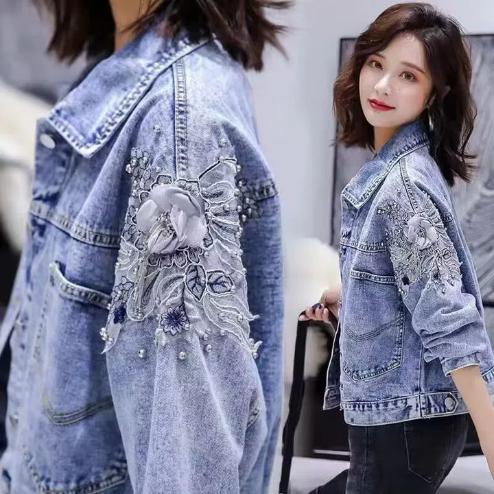Stylish Loose Fit Embroidered Denim Jacket for Women, S-XL