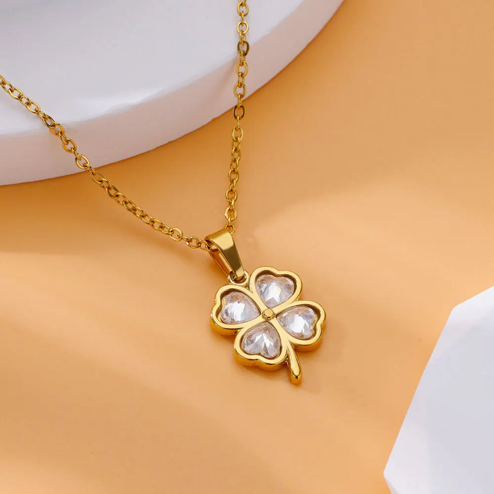 Women or Girls, Gold Four-Leaf Clover Pendant Necklace made of Stainless Steel and Zircon Stone