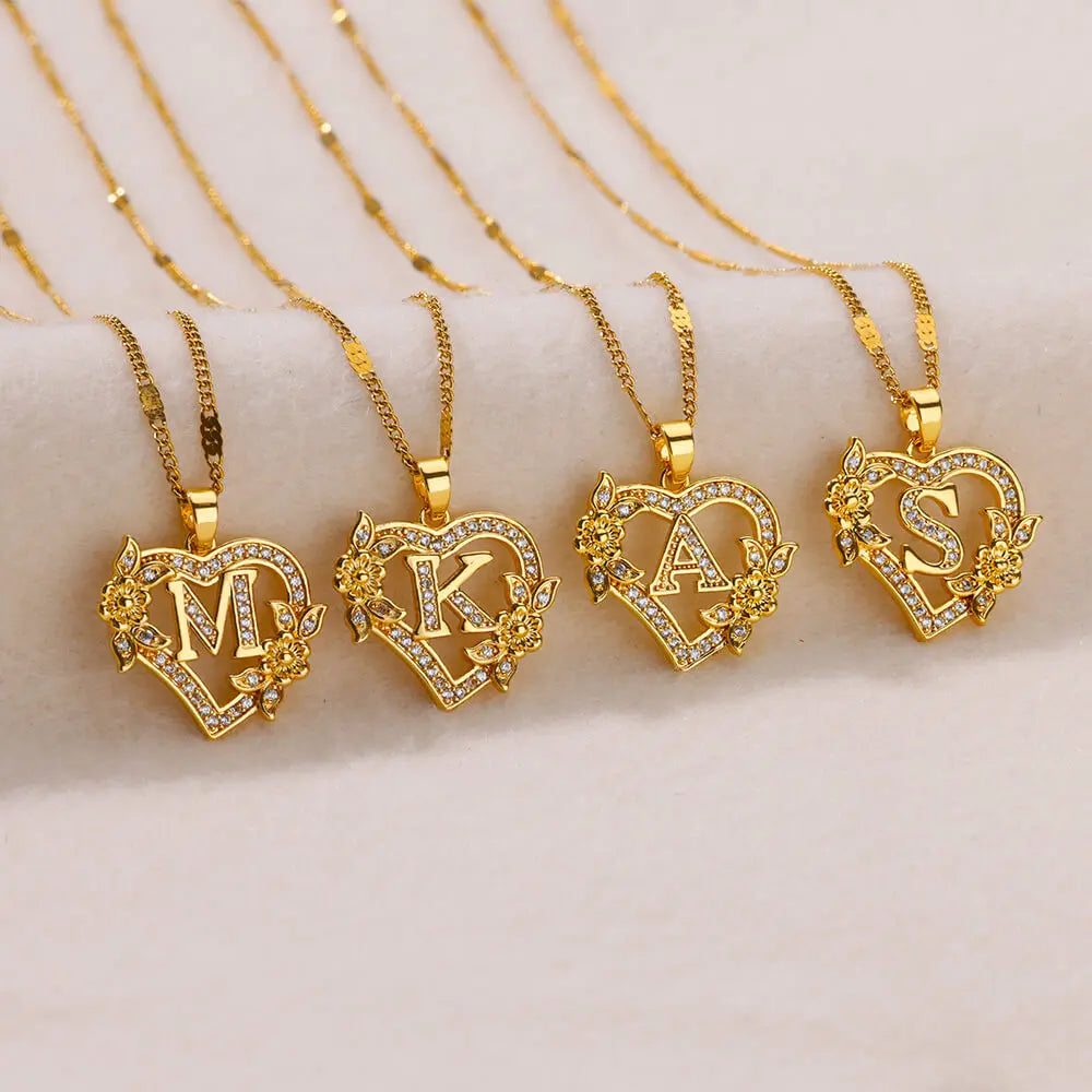 FREE - Valentines Gold & Jewels Initial Heart Flower Necklaces for Women, Daughters, Sisters, Girls, Friends