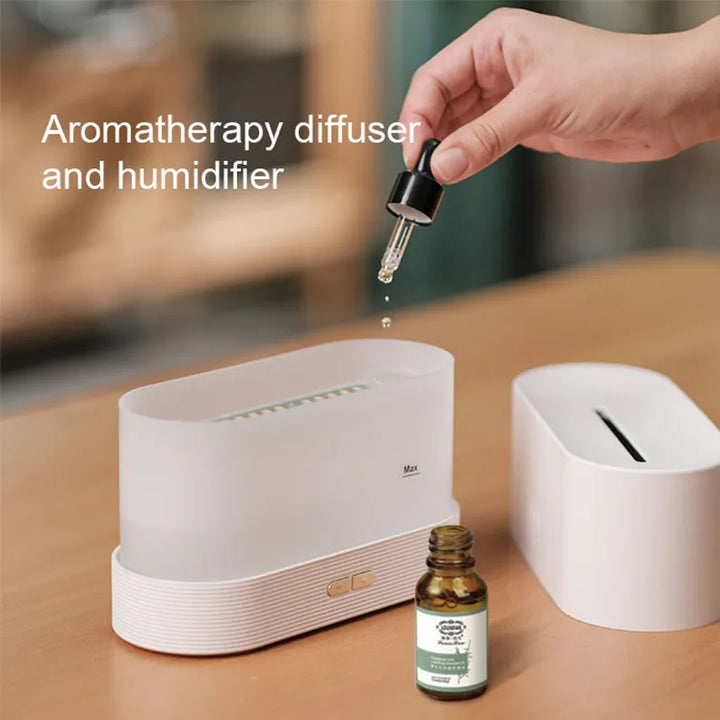 2.4MHZ Ultrasonic Frequency Aroma Therapy Diffuser, emits a Cool Flaming Look Mist through its Led Lamp, creating the Perfect Relaxing Environment to Sleep In.
