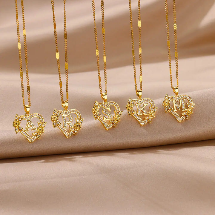 FREE - Valentines Gold & Jewels Initial Heart Flower Necklaces for Women, Daughters, Sisters, Girls, Friends