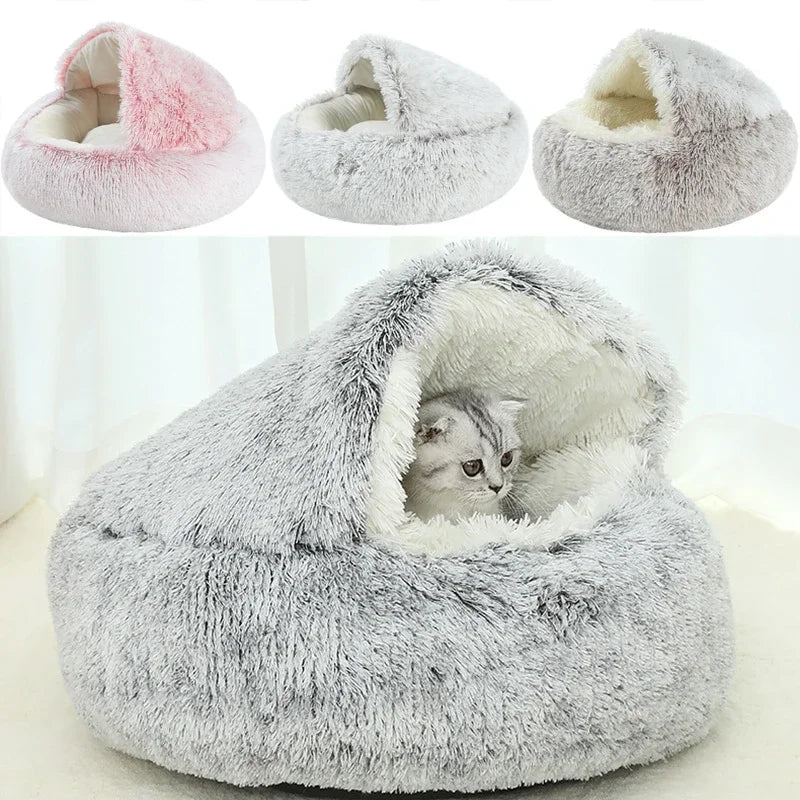 Plush Round Cushioned Nesting Pet Bed Cave for Cats or Small Dogs - 3 Sizes to Choose From