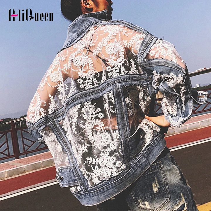 Summer Streetwear Embroidery Lace Patchwork Denim Jacket for Women with Frayed Tassels and Loose Fit (S - 3XL)