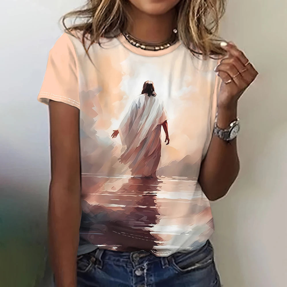 New Jesus Retro Virgin Mary 3D Print T-Shirts - Women's Casual Short Sleeve T Shirt