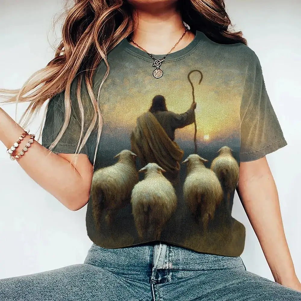 New Jesus Retro Virgin Mary 3D Print T-Shirts - Women's Casual Short Sleeve T Shirt