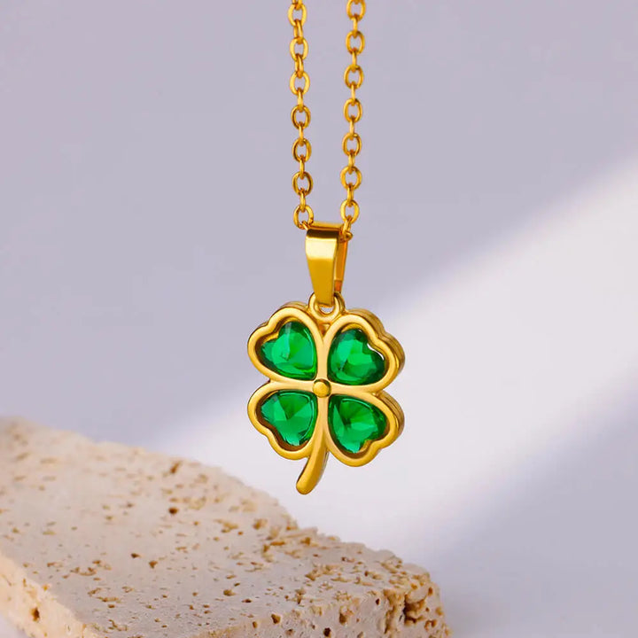 Women or Girls, Gold Four-Leaf Clover Pendant Necklace made of Stainless Steel and Zircon Stone