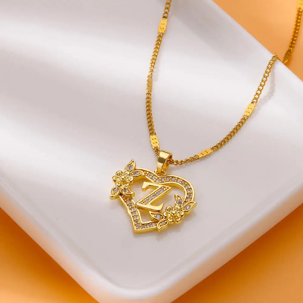 FREE - Valentines Gold & Jewels Initial Heart Flower Necklaces for Women, Daughters, Sisters, Girls, Friends