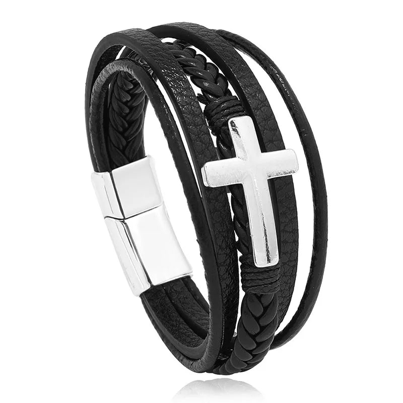 New Woven Leather Wrap Bracelet for Men with Jesus Cross Charm