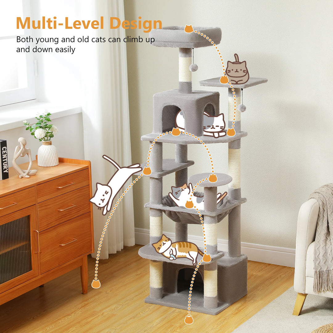 Tall Cat Tree Tower for Indoor Cats, Multi-Level Plush Cat Condo w/ Scratching Posts and Beds