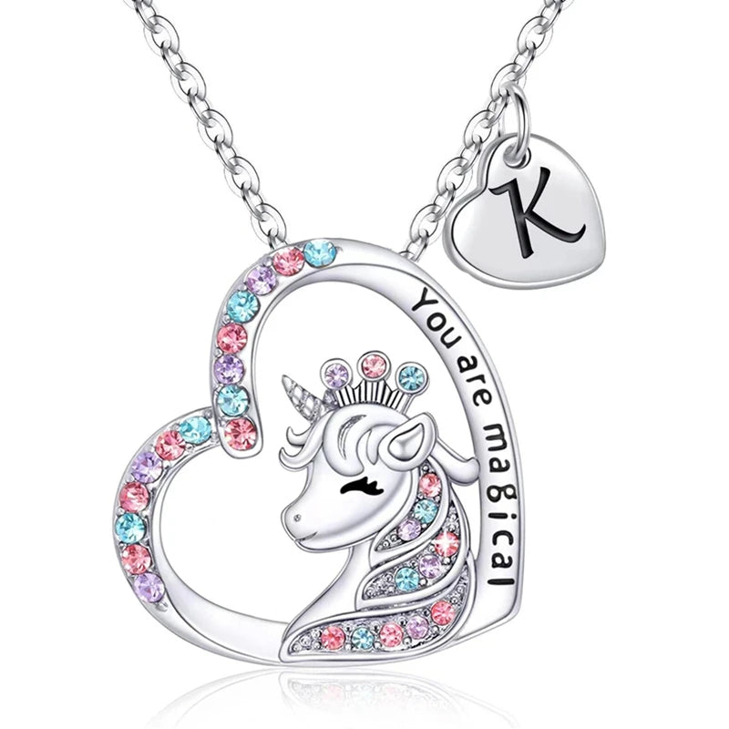 Girls Fashion Initial Letter Unicorn Necklace "You Are Magical" Unicorn Pendant