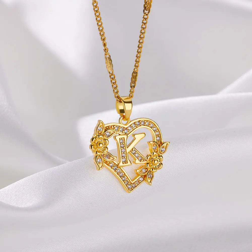 FREE - Valentines Gold & Jewels Initial Heart Flower Necklaces for Women, Daughters, Sisters, Girls, Friends