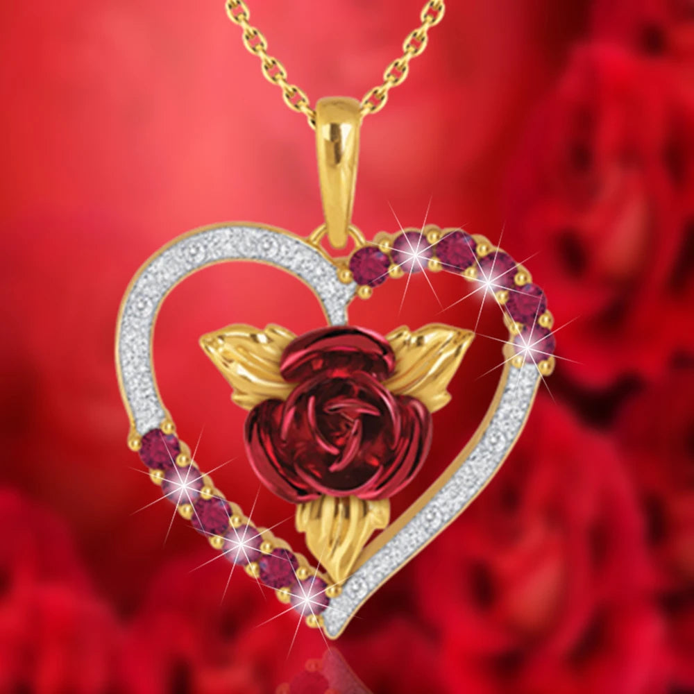 FREE-Stunning Valentine Ruby Red Heart Rose Pendant Necklace - The Red and White Rhinestones are Exquisite and will make for a Great Valentine's Day Gift