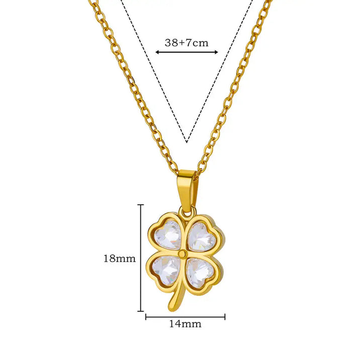 Women or Girls, Gold Four-Leaf Clover Pendant Necklace made of Stainless Steel and Zircon Stone