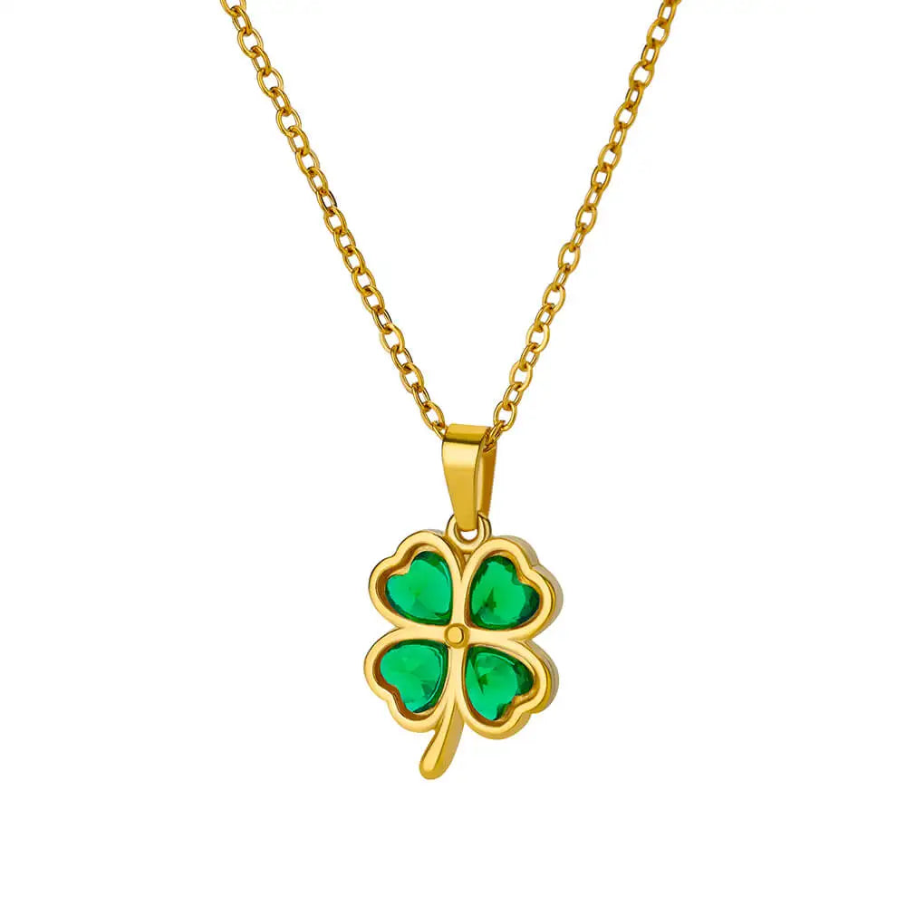 Women or Girls, Gold Four-Leaf Clover Pendant Necklace made of Stainless Steel and Zircon Stone