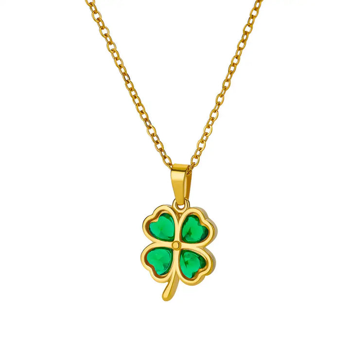 Women or Girls, Gold Four-Leaf Clover Pendant Necklace made of Stainless Steel and Zircon Stone