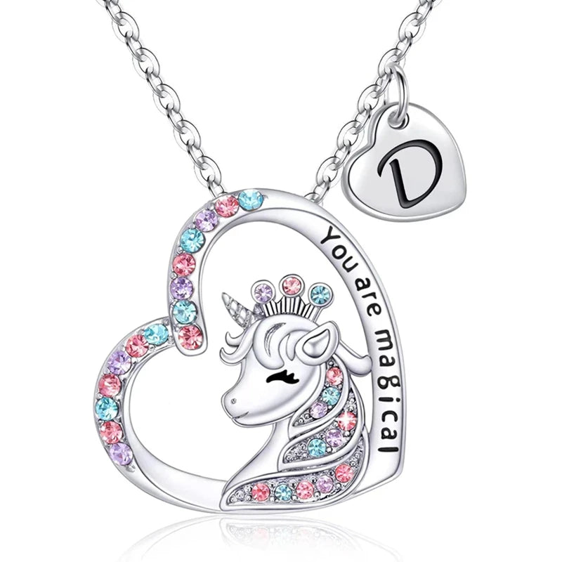 Girls Fashion Initial Letter Unicorn Necklace "You Are Magical" Unicorn Pendant