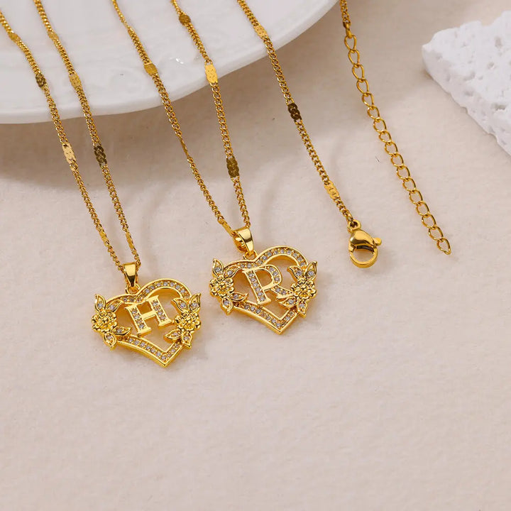 FREE - Valentines Gold & Jewels Initial Heart Flower Necklaces for Women, Daughters, Sisters, Girls, Friends