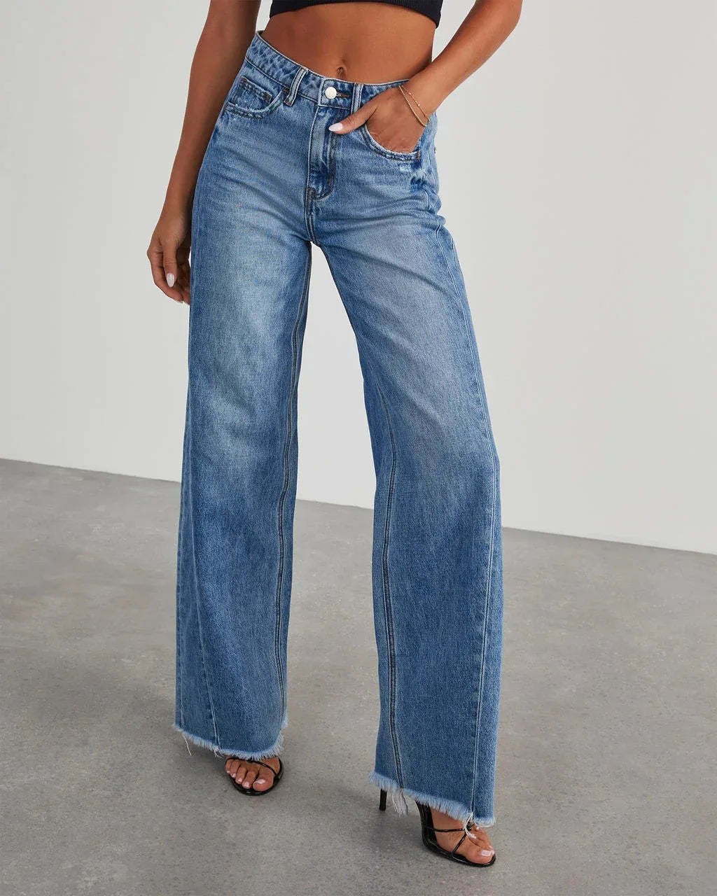 Women High Waist, Straight, Wide-Leg, Long, Casual Pants, Floor Length, Blue Denim Trousers