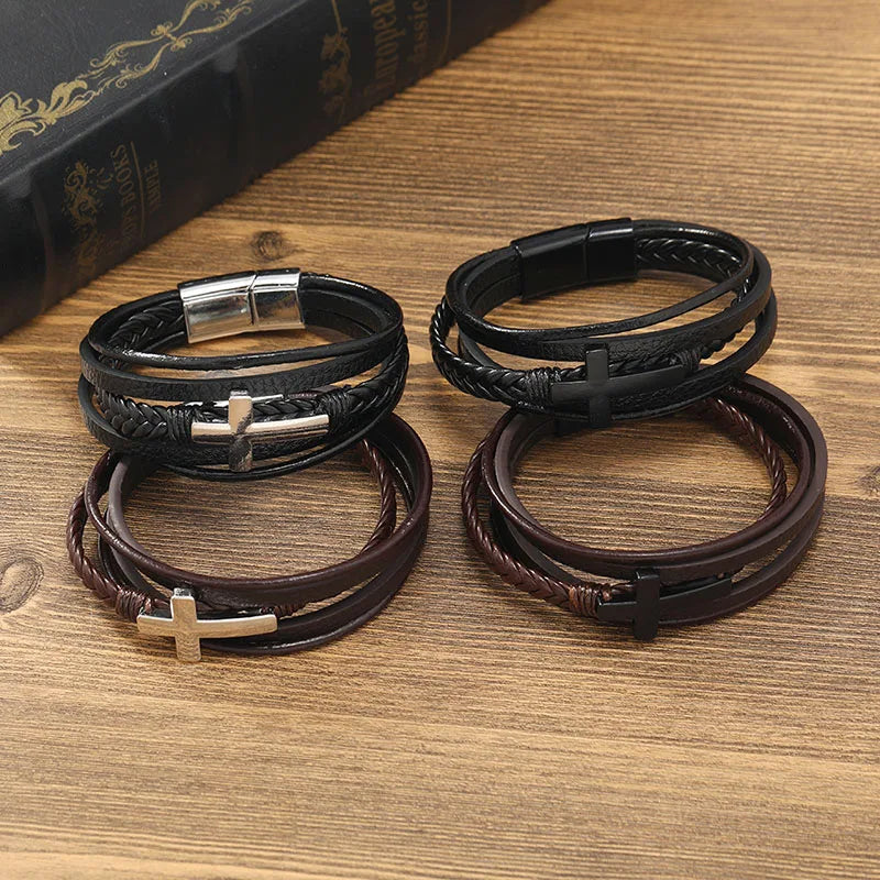 New Woven Leather Wrap Bracelet for Men with Jesus Cross Charm