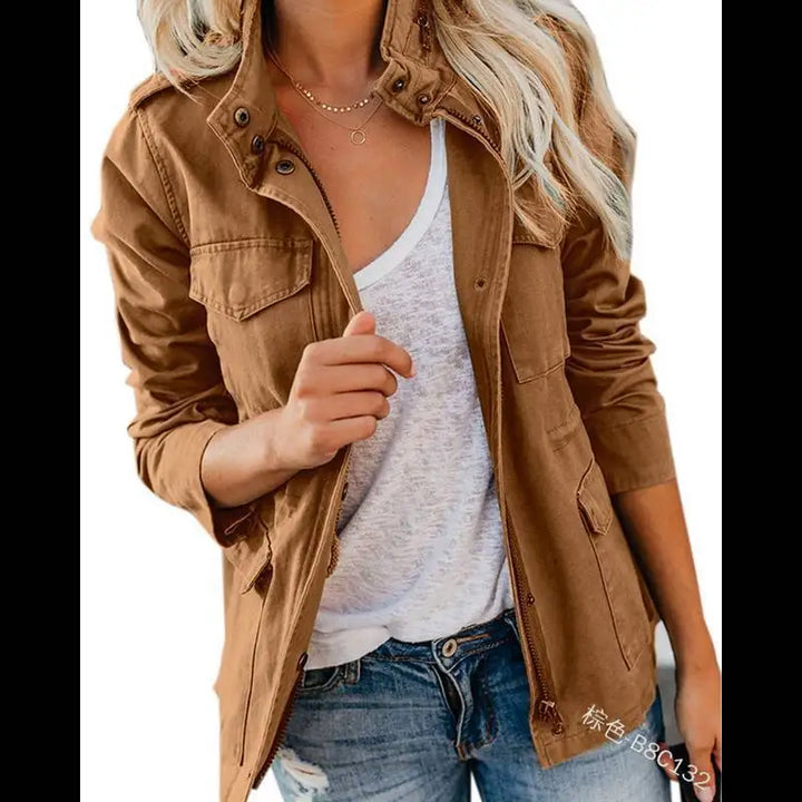 Women's Slim Fit Streetwear Jacket – Cotton Zip-Up with Spliced Snap Pockets, Turn-Down Collar